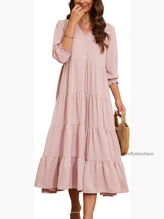 Dresses & Skirts - V Neck Boho Dress Puff Sleeve High Waist Floral Smocked Flowy Ruffle Midi